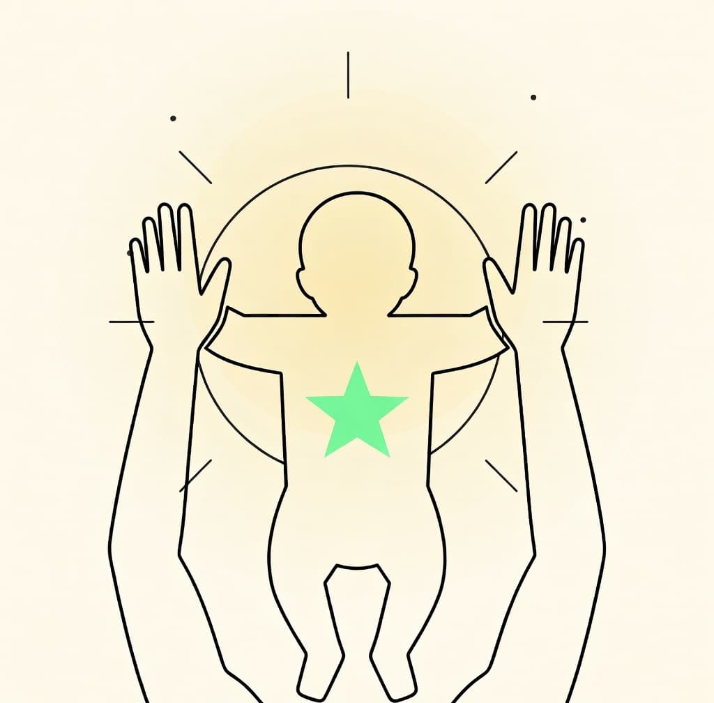 A child held by two arms, a sun behind them and a star within.